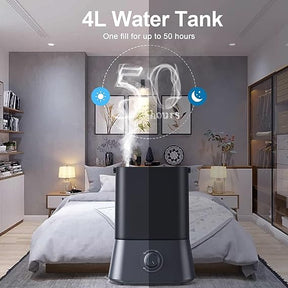 Air Humidifiers for Bedroom, 4L Cool Mist Humidifiers for Large Room, 26dB Quiet Humidifiers for Baby, Adjustable Mist Knob, 360° Rotatable Nozzle, Waterless Auto Shut-Off, Easy to Clean, Up to 50H Runtime