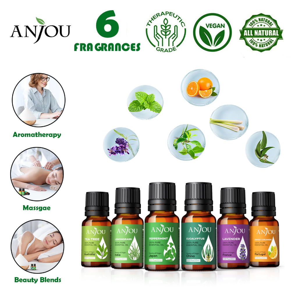 Essential Oils Set Anjou 100 Pure Natural 6 Aromatherapy Oils Gift Kit, 6/10 ml (Relaxing Lavender Scent), Therapeutic Grade Suitable for Diffuser, Humidifier, Massage, Skin & Hair Care