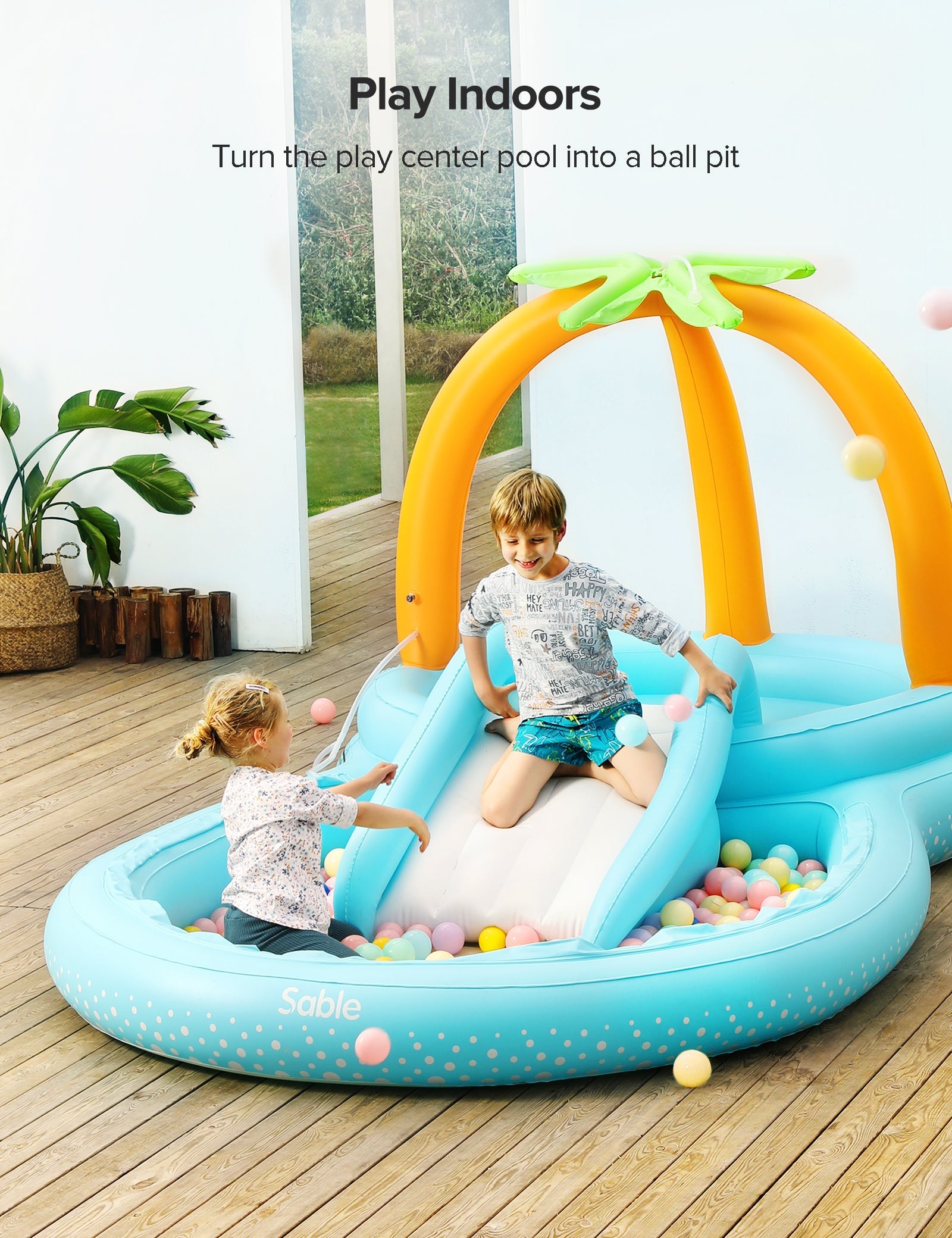 Sable Inflatable Play Center Wading Pool with Slide for Kids Children Garden Backyard 110” x 71” x 53”