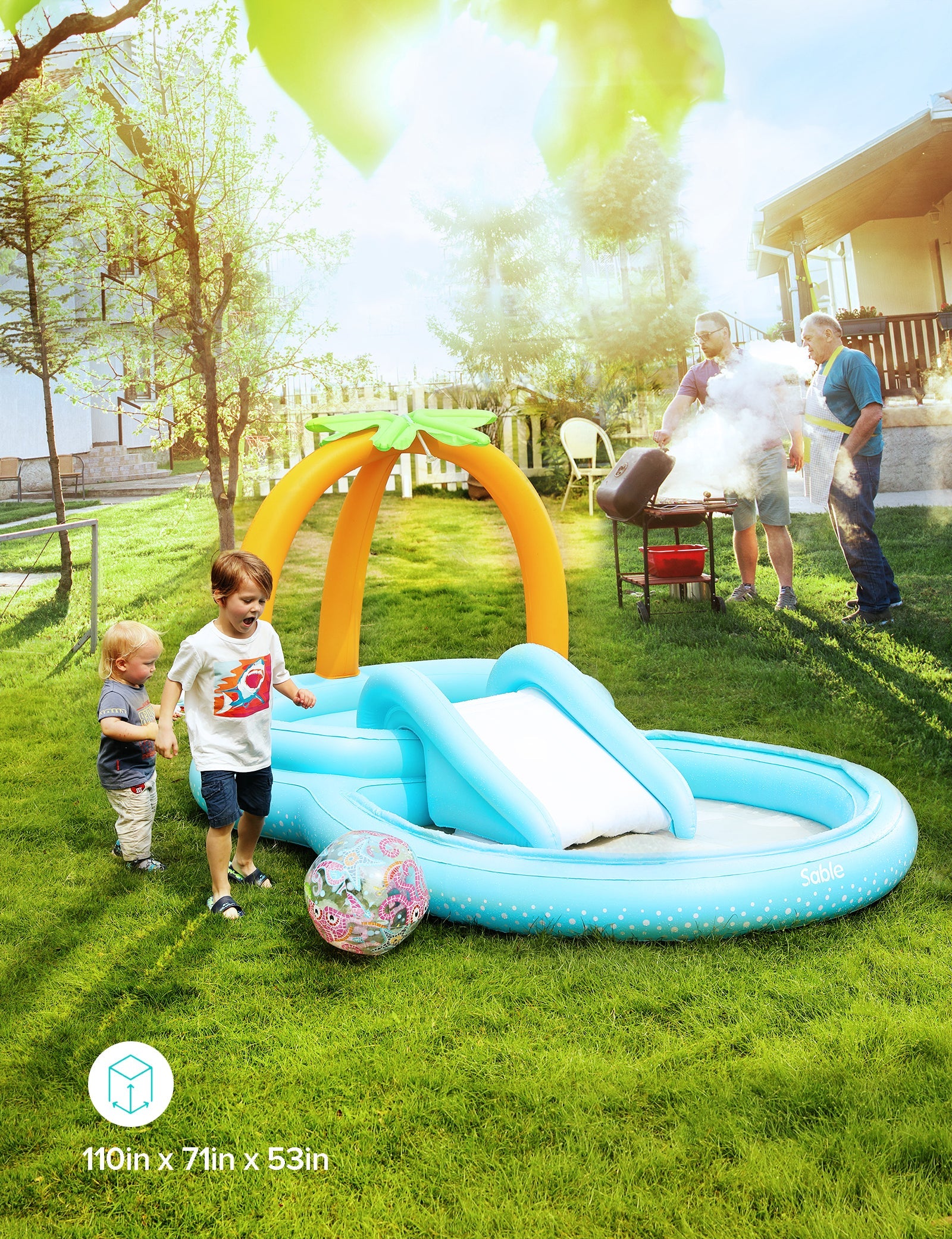 Sable Inflatable Play Center Wading Pool with Slide for Kids Children Garden Backyard 110” x 71” x 53”